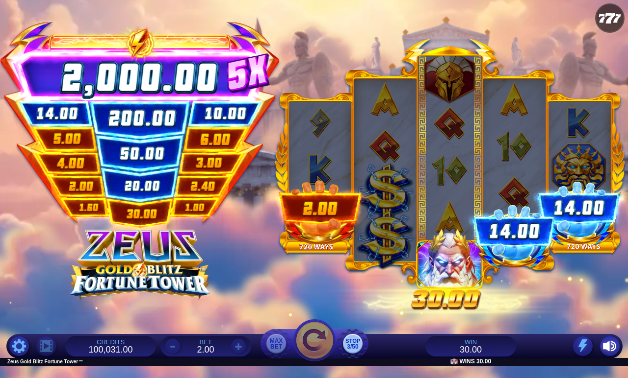 Zeus Gold Blitz Fortune Tower gameplay showing Collect symbols