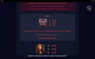 Immortal Romance: Sarah’s Secret Power Combo – Paytable