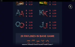 Immortal Romance: Sarah’s Secret Power Combo – Paytable