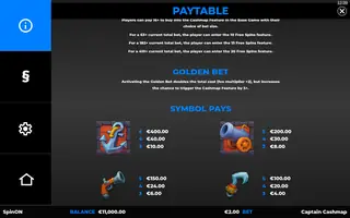 Captain Cashmap – Paytable