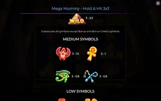 Mega Mummy – Hold & Hit 3×3 – Paytable