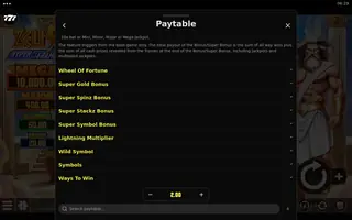 Zeus Hyper Frames – Paytable
