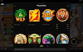 Zeus Hyper Frames – Paytable