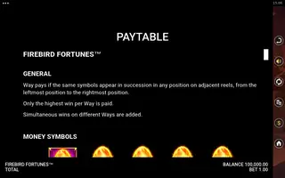 Firebird Fortunes – Paytable