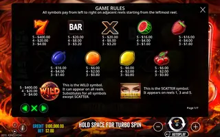 Hot to Burn – 7 Deadly Free Spins – Paytable