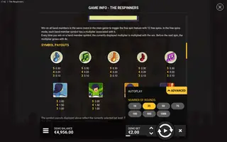 The Respinners – Paytable