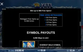 9k Yeti – Paytable